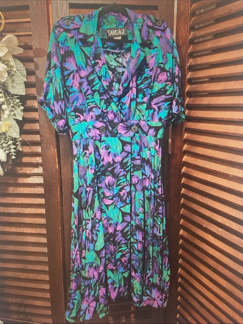 Vintage Sansage Teal, Purple & Black Floral Wrap-Style Midi Dress